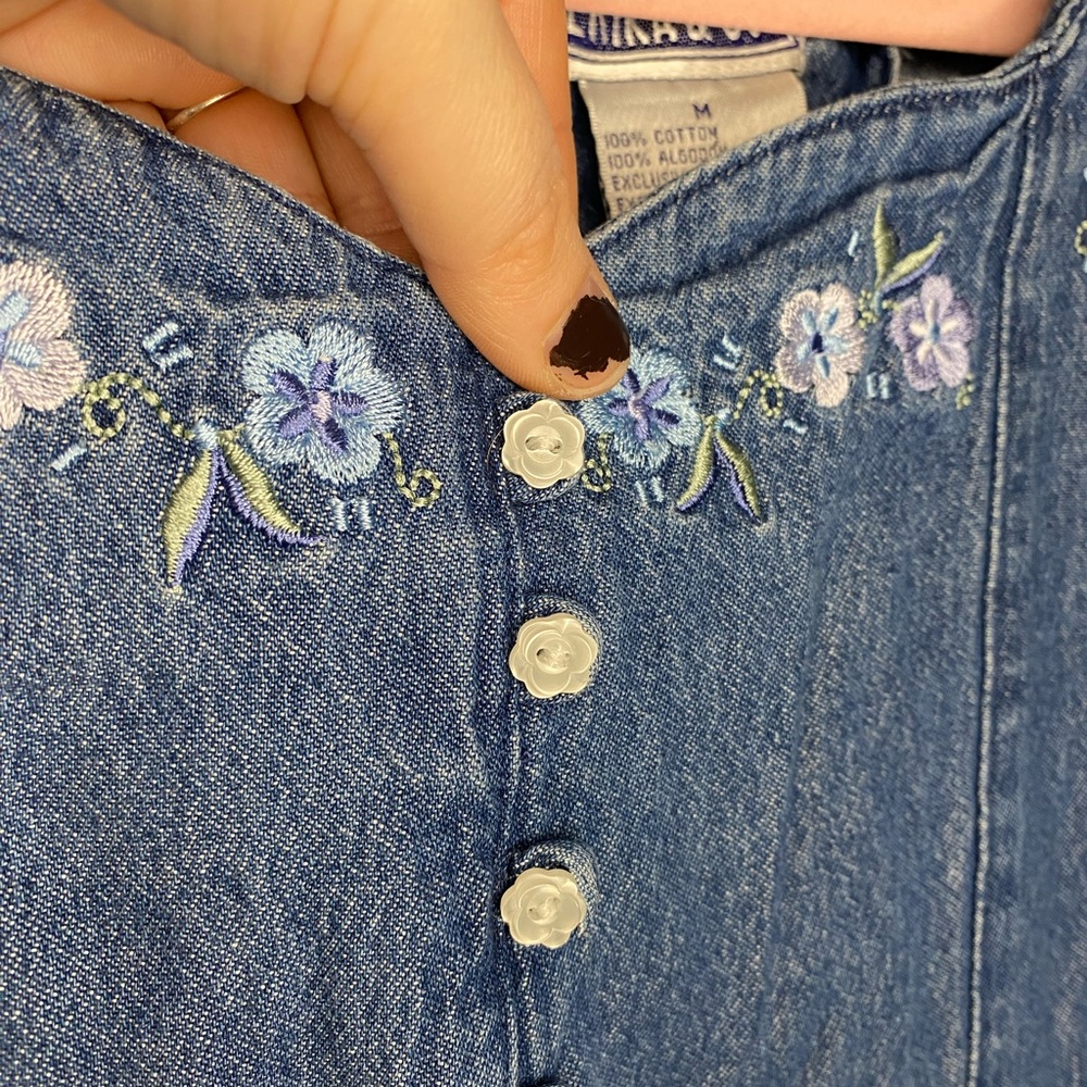 Classy Vintage 90s Floral Embroidered Cottagecore Blue Denim Maxi Tie-Back Dress - Picture 8 of 10